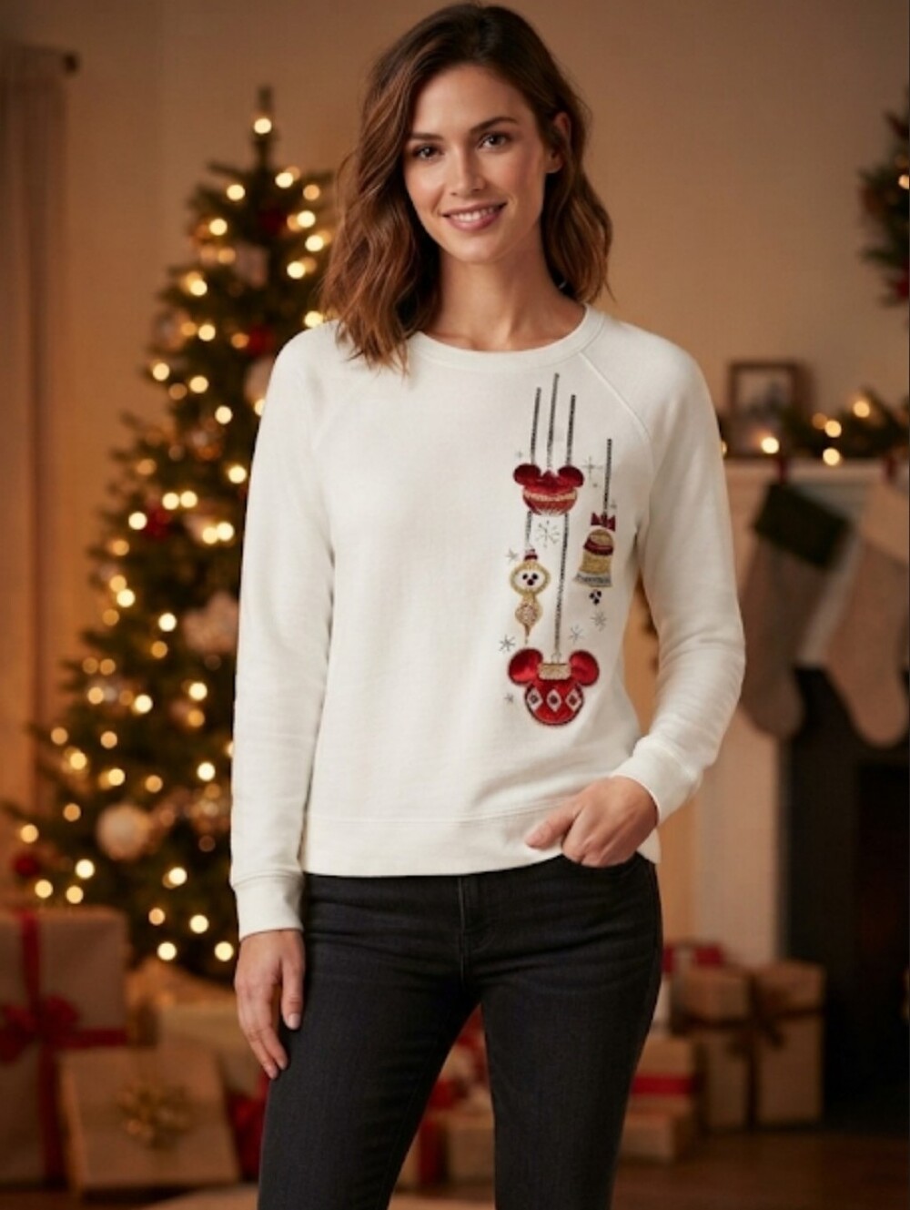 Disney Parks Mickey Mouse Christmas Ornaments Sequin Pullover White Top Size L